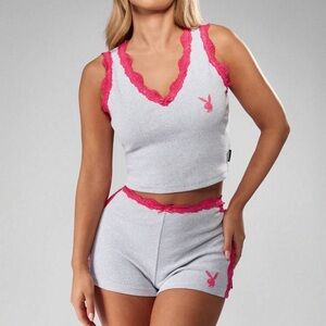 PLAYBOY Women's Gray and Pink Lace Trim Pajama Set
